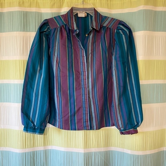Vintage Puff Sleeve Striped Button Down Blouse Ulla Johnson Style Sz Medium - Picture 8 of 8